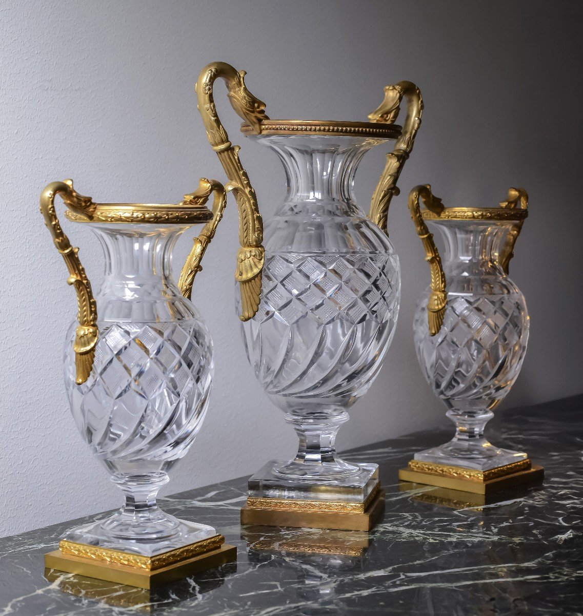 Baccarat Empire Cut Crystal Glass Vases W Gilt Bronze Griffon Heads 19th Century-photo-3