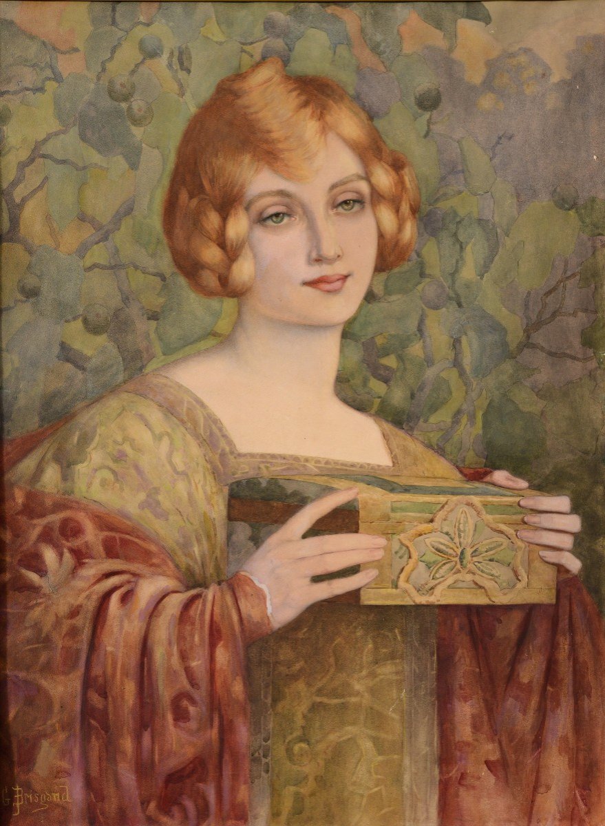 Portrait Art Nouveau De Dame Rousse Aquarelle Par Le Maître Français Brisgard-photo-2