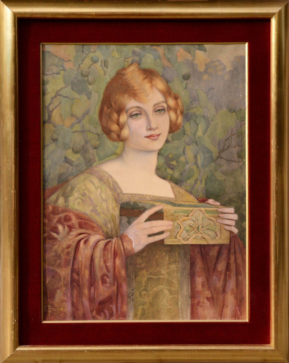 Portrait Art Nouveau De Dame Rousse Aquarelle Par Le Maître Français Brisgard