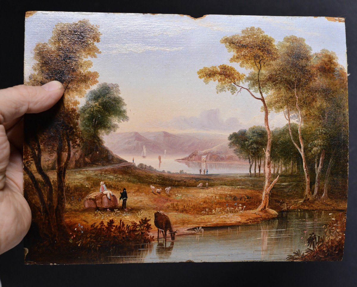 Miniature Pastoral Landscape 19th Century Romanticism Oil Painting On Wood-photo-2