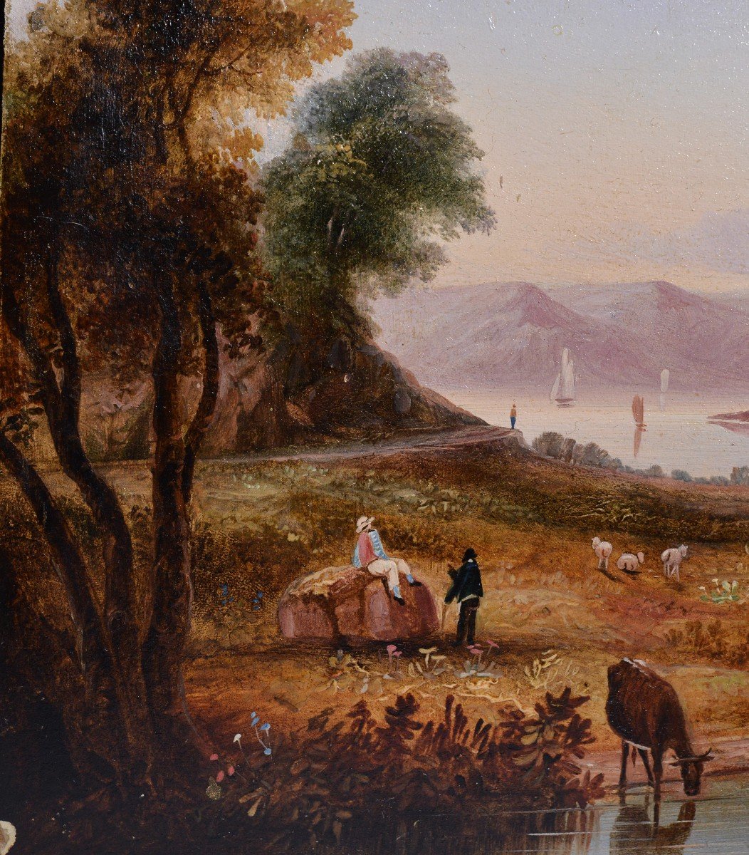 Miniature Pastoral Landscape 19th Century Romanticism Oil Painting On Wood-photo-4