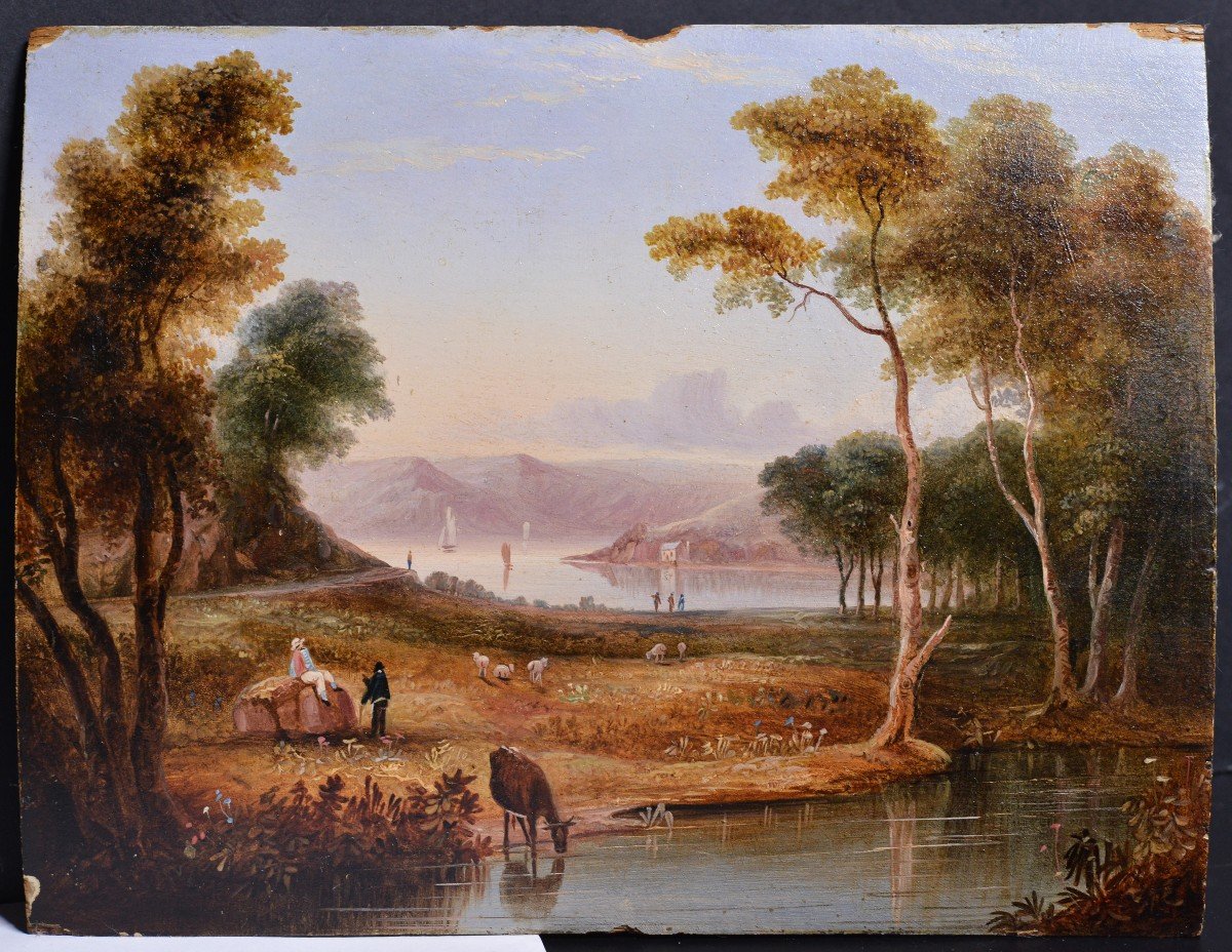 Miniature Pastoral Landscape 19th Century Romanticism Oil Painting On Wood