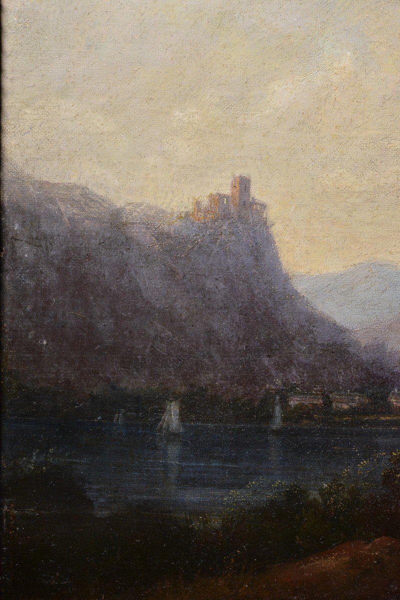 Alpine Valley Landscape With Castle On Rock And Town At River Bend 19th Century-photo-1