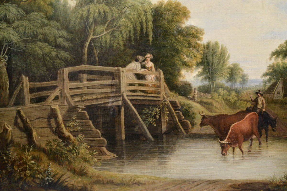 Paysage Pastoral Réunion Sur Un Pont Peinture à l'Huile Sur Toile Du Début Du XIXe Siècle-photo-2