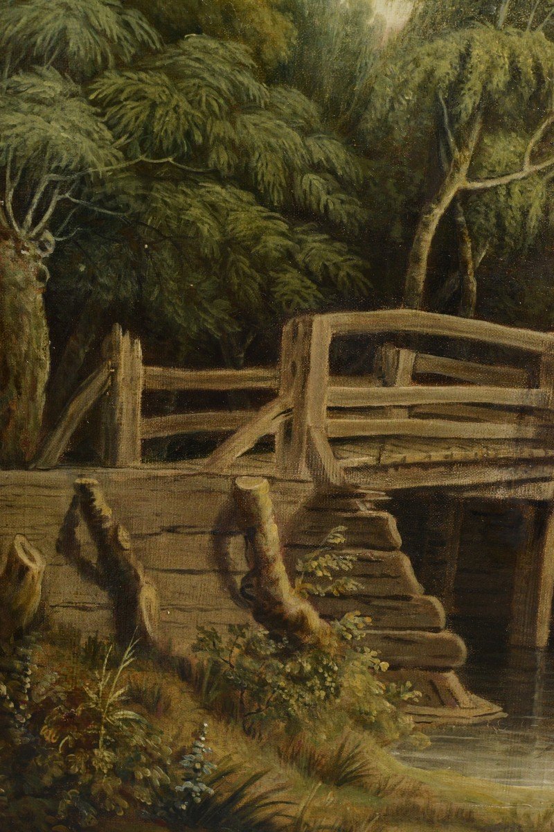 Paysage Pastoral Réunion Sur Un Pont Peinture à l'Huile Sur Toile Du Début Du XIXe Siècle-photo-1