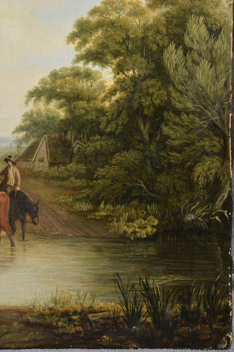 Paysage Pastoral Réunion Sur Un Pont Peinture à l'Huile Sur Toile Du Début Du XIXe Siècle-photo-3