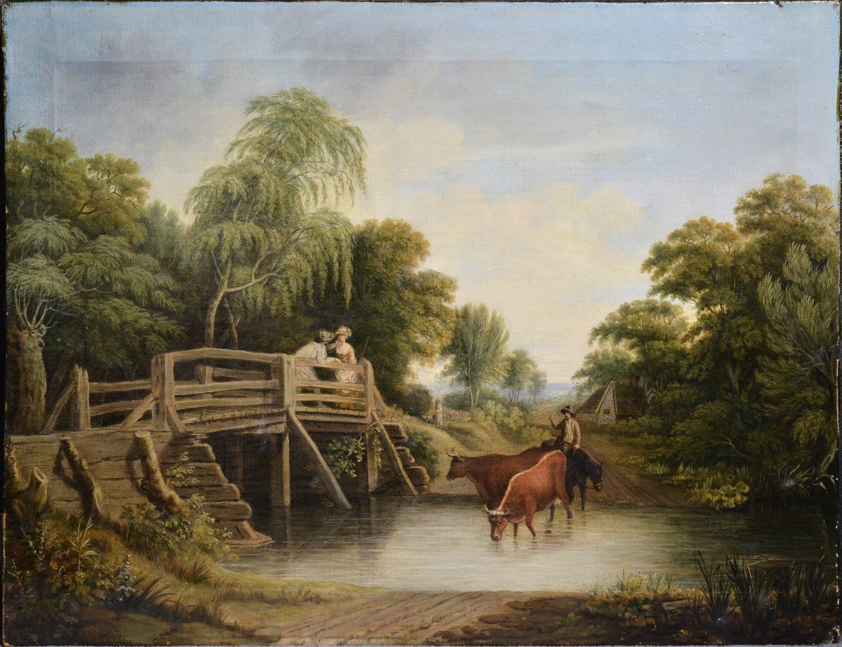 Paysage Pastoral Réunion Sur Un Pont Peinture à l'Huile Sur Toile Du Début Du XIXe Siècle