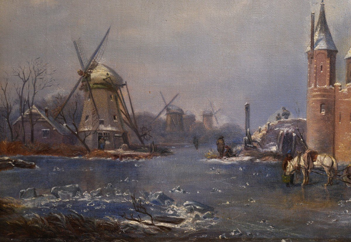 Castle And Windmills At Frozen Pond Dutch Winter Landscape 19th Century Oil-photo-3