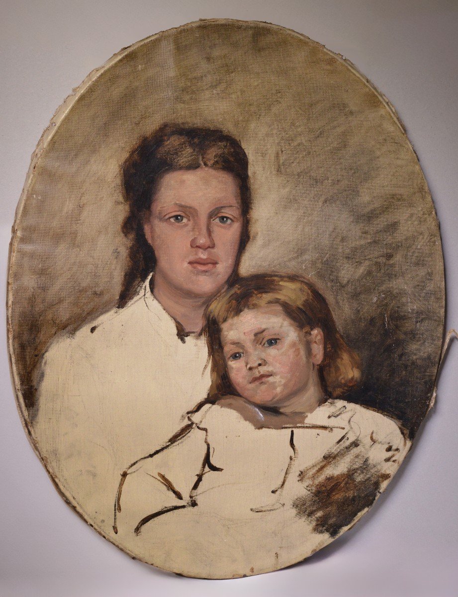 Oval Portrait Of Mother And Daughter Early 20 Century Scandinavian Oil Painting 