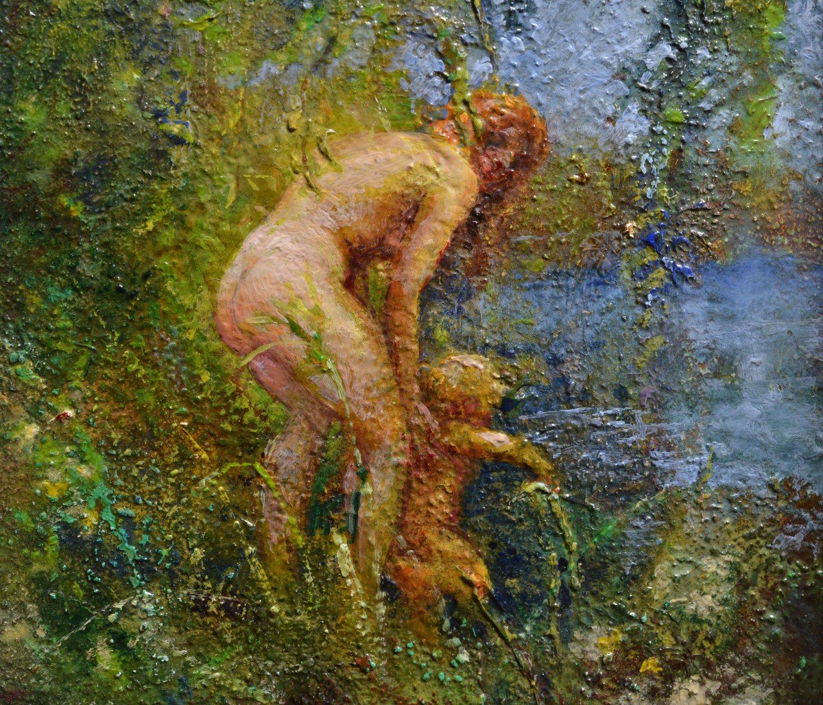 Femme Baigne Un Enfant Dans La Rivière Vers 1932 Peinture à l'Huile Du Maître Suédois Widholm-photo-3