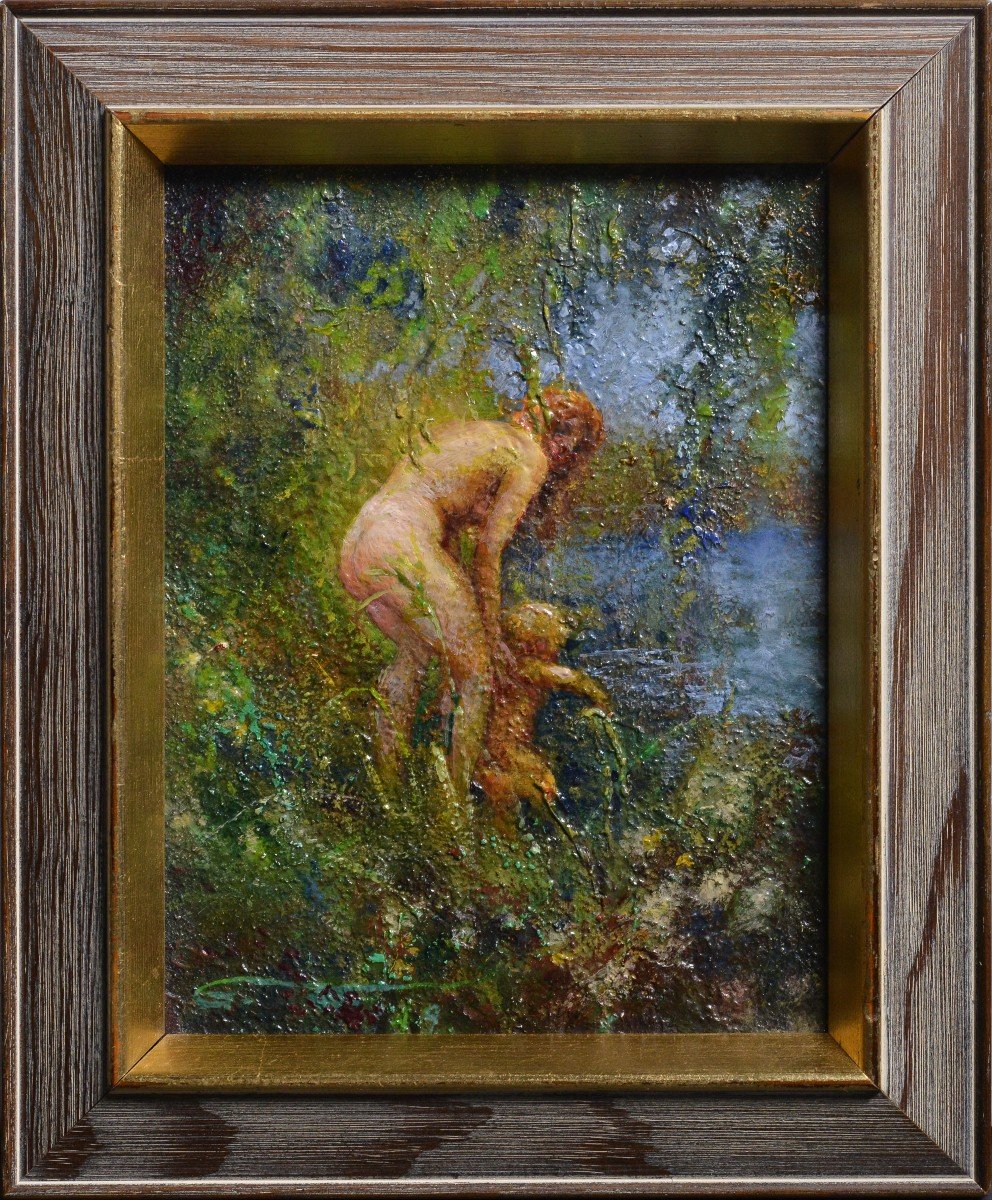 Femme Baigne Un Enfant Dans La Rivière Vers 1932 Peinture à l'Huile Du Maître Suédois Widholm