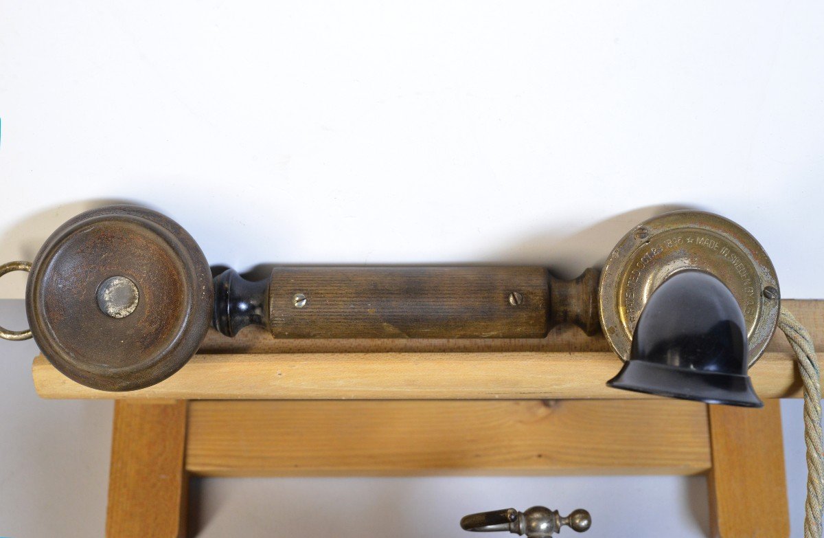 Antique Walnut Wood Wall Telephone L.m. Ericsson Ab130 Crank Magneto -photo-7