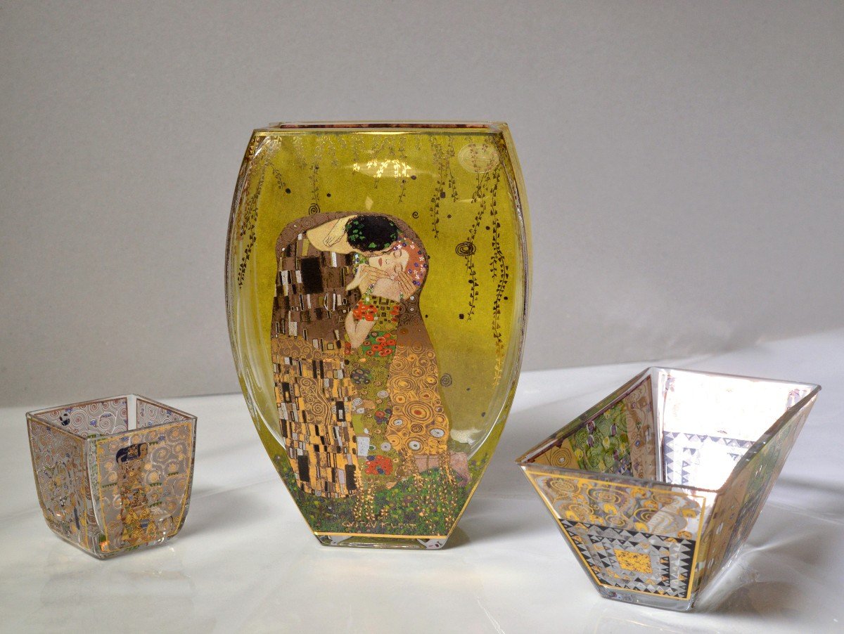 Gustav Klimt Dans Goebel Artis Orbis Vintage 3 Pcs Ensemble De Verre Vase Bowl Set-photo-2