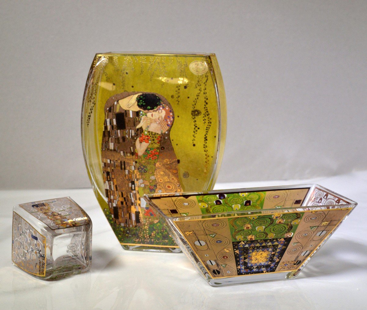 Gustav Klimt Dans Goebel Artis Orbis Vintage 3 Pcs Ensemble De Verre Vase Bowl Set