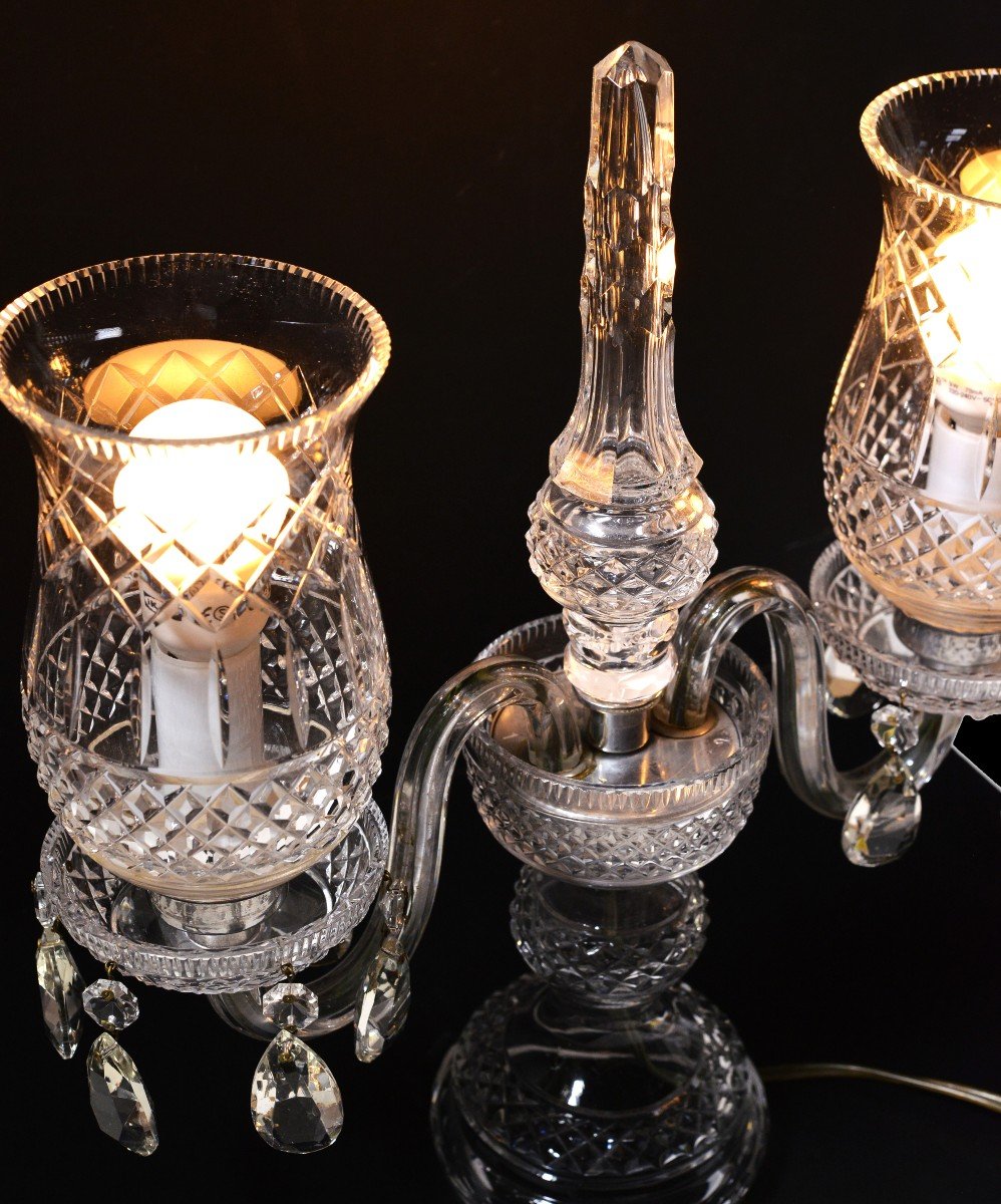 Vintage Crystal Candelabra Double Hurricane Lamp Baccarat Style 20th Century-photo-4