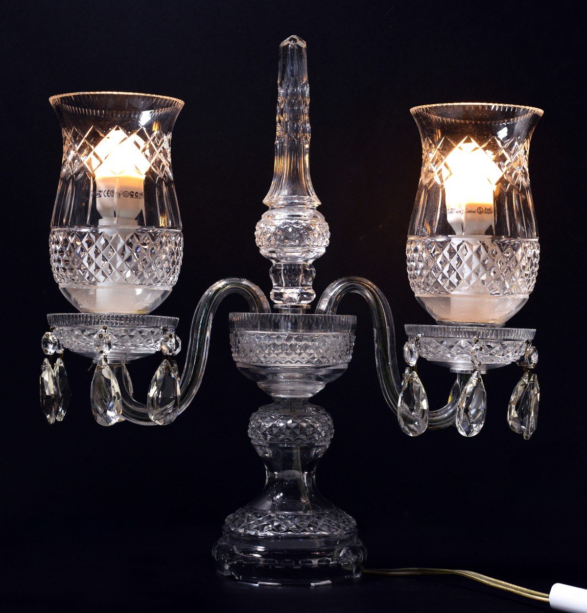 Vintage Crystal Candelabra Double Hurricane Lamp Baccarat Style 20th Century