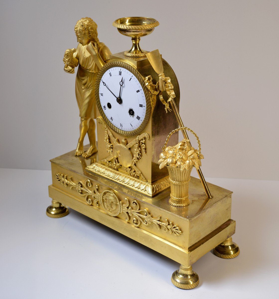 French Antique Gilt Bronze Figural Empire Clock Early 19th Century -photo-3