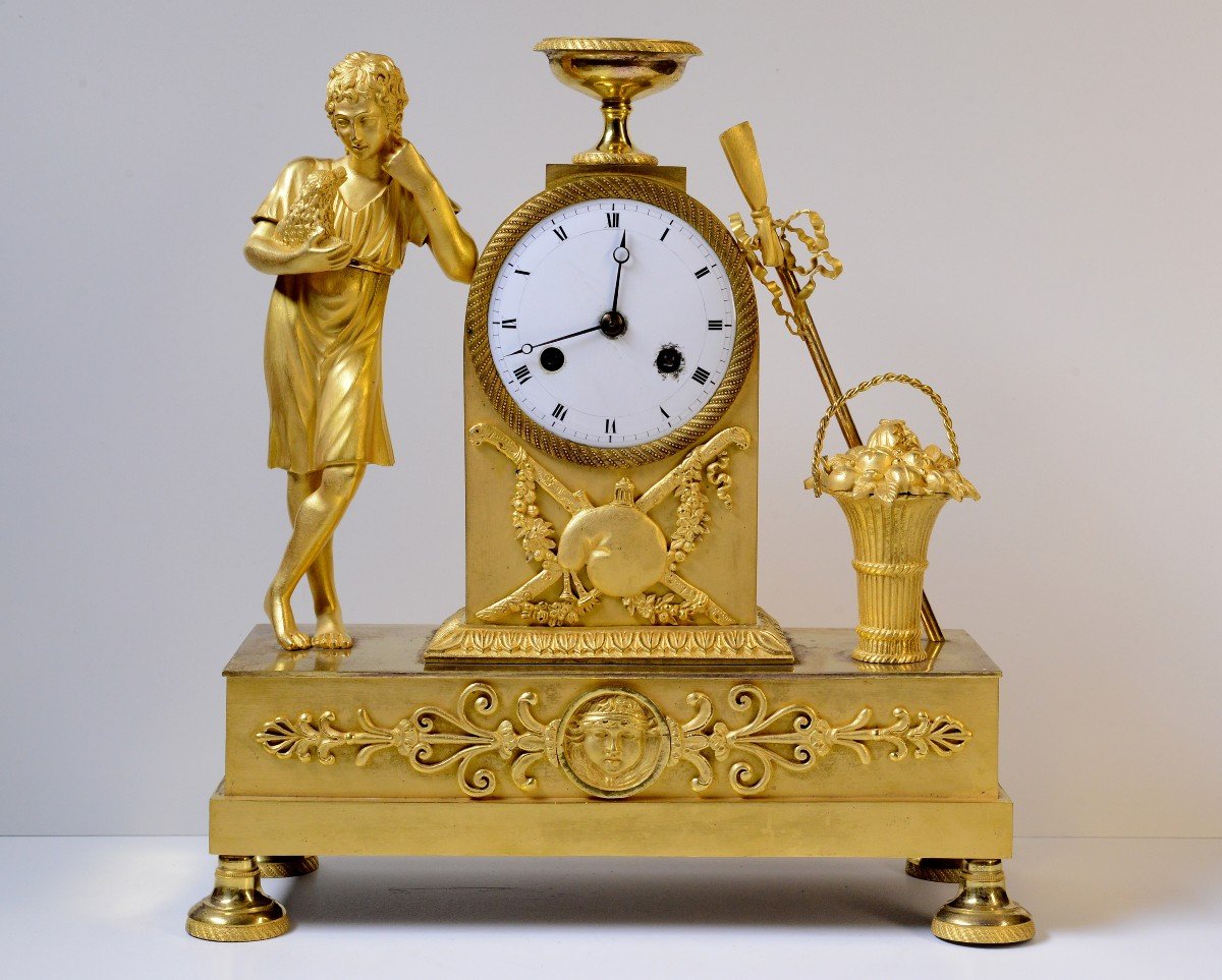 French Antique Gilt Bronze Figural Empire Clock Early 19th Century 