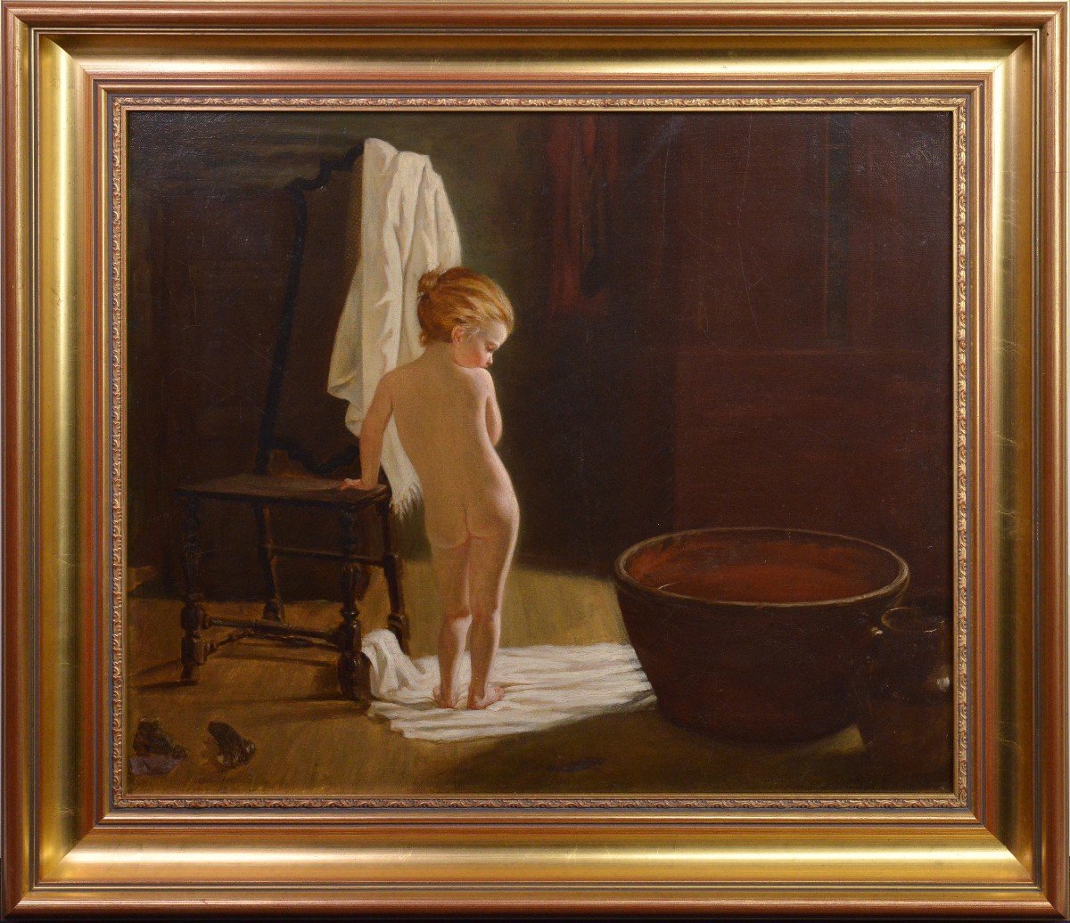 Scène De Maison De Bain Pour Enfants 1878 Peinture De Genre à L’huile Du Maître Irlandais Frank