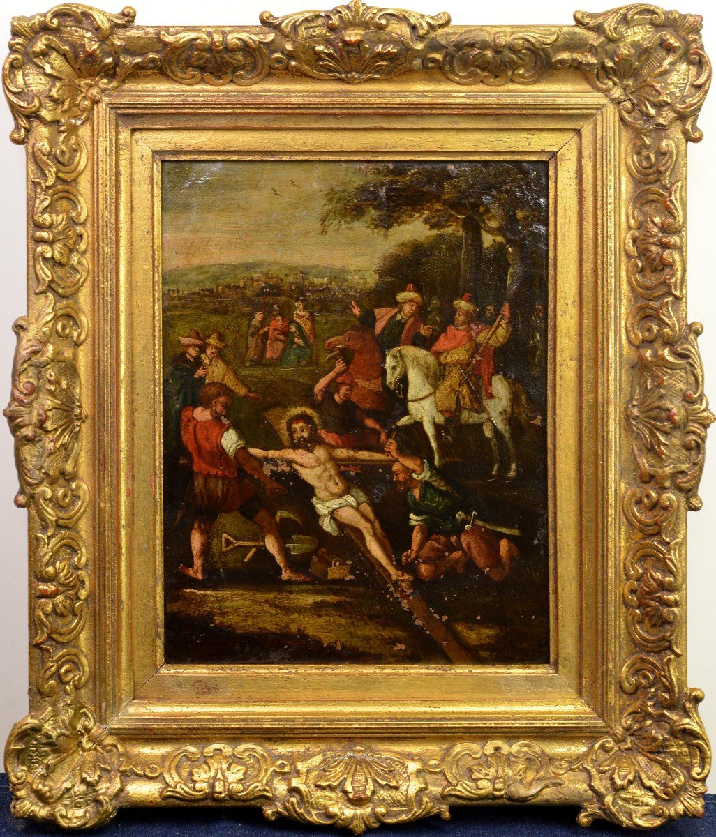 Baroque Calvary Scene Oil Painting On Copper Flemish School 17th Century