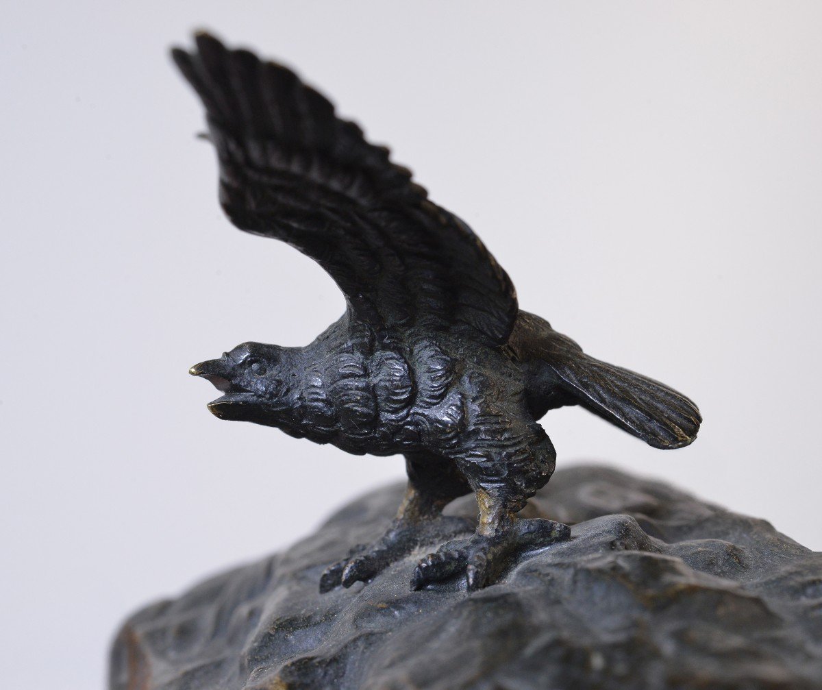 Antique Marble Paperweight With Figural Bronze Bird Of Prey 19th Century -photo-4