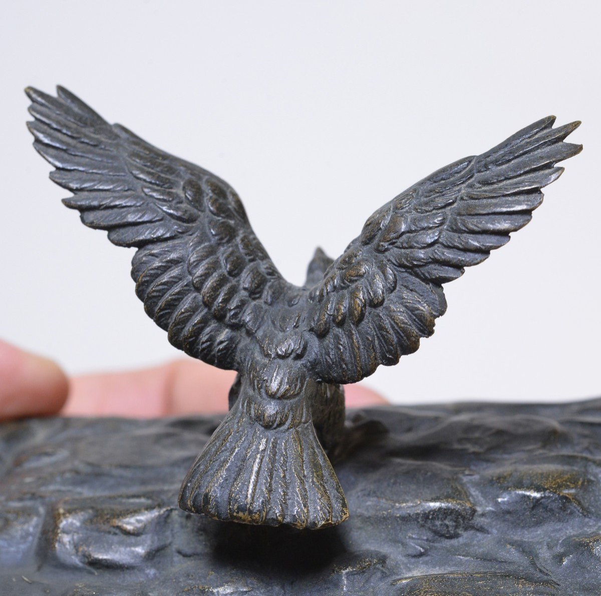 Antique Marble Paperweight With Figural Bronze Bird Of Prey 19th Century -photo-2