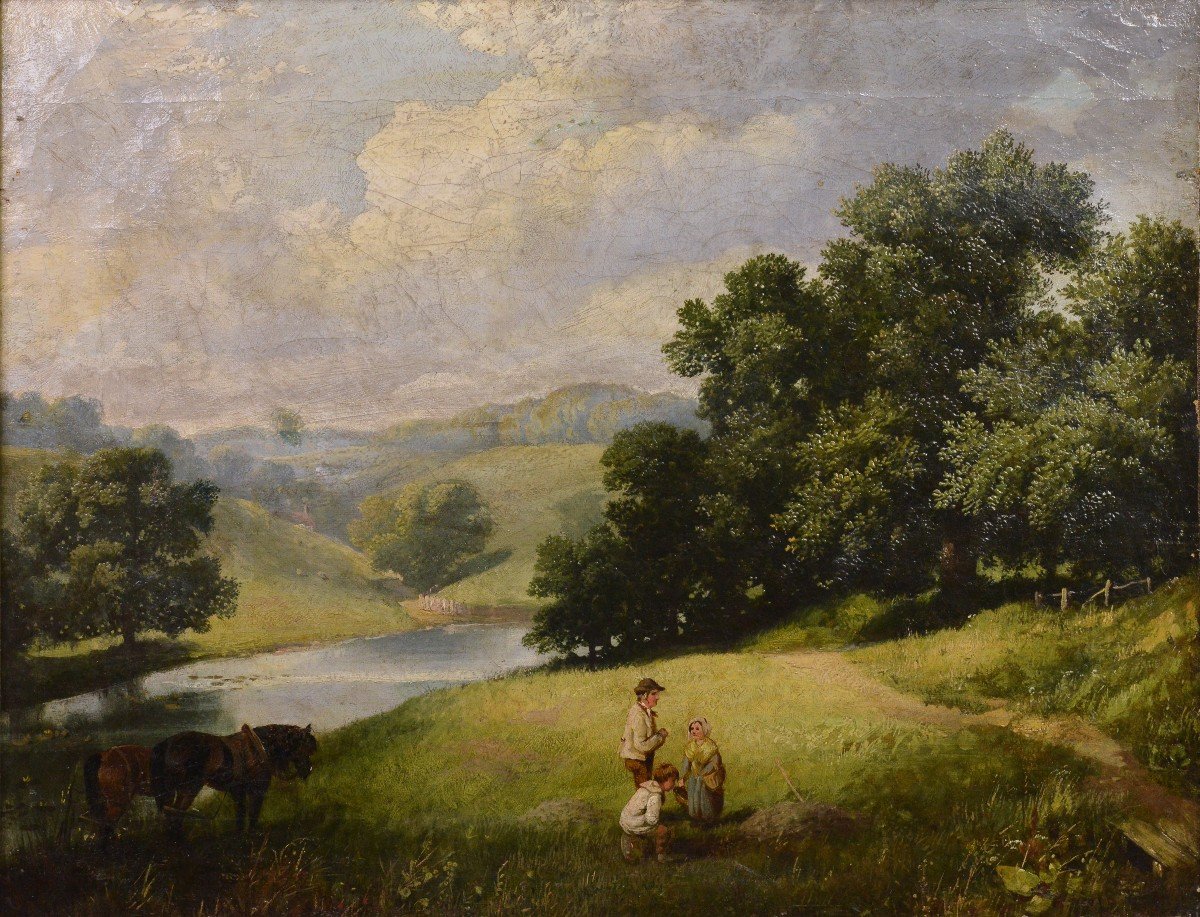 Paysage Fluvial Avec Personnages Et Chevaux Au Repos Peinture à L’huile Encadrée Du 19ème Siècl-photo-2