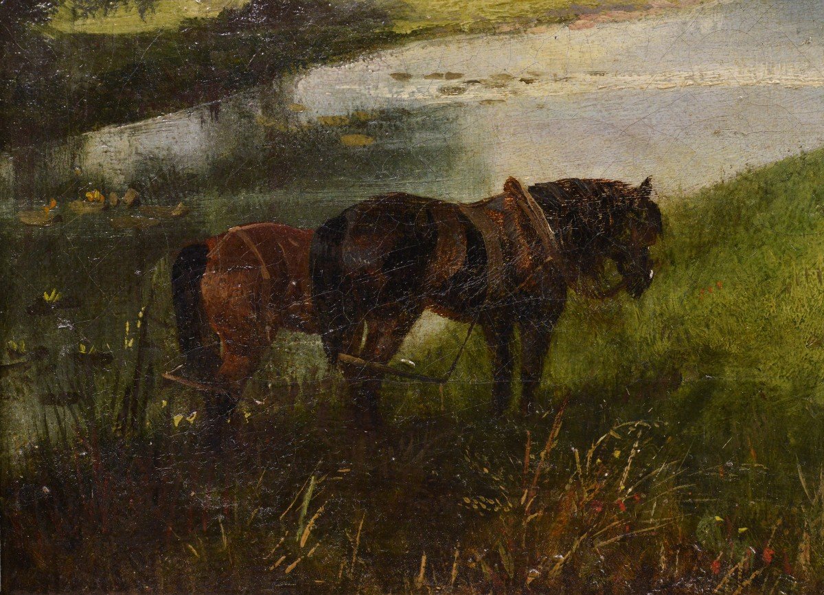 Paysage Fluvial Avec Personnages Et Chevaux Au Repos Peinture à L’huile Encadrée Du 19ème Siècl-photo-4