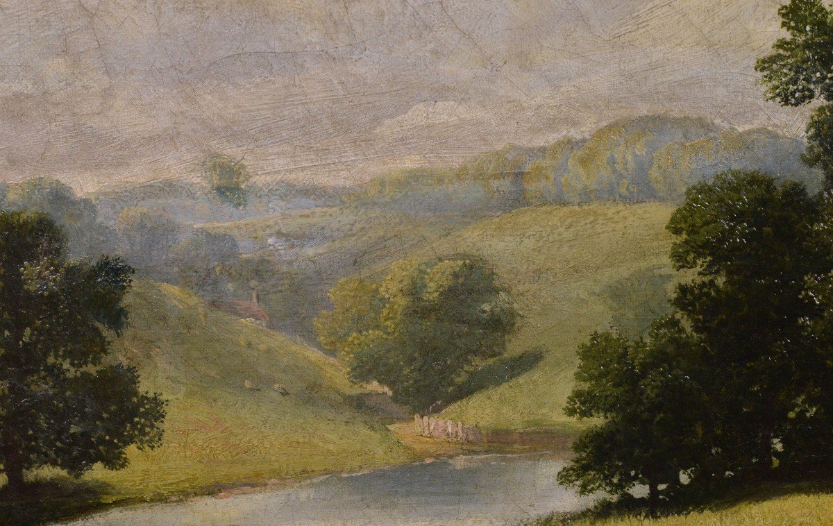 Paysage Fluvial Avec Personnages Et Chevaux Au Repos Peinture à L’huile Encadrée Du 19ème Siècl-photo-2