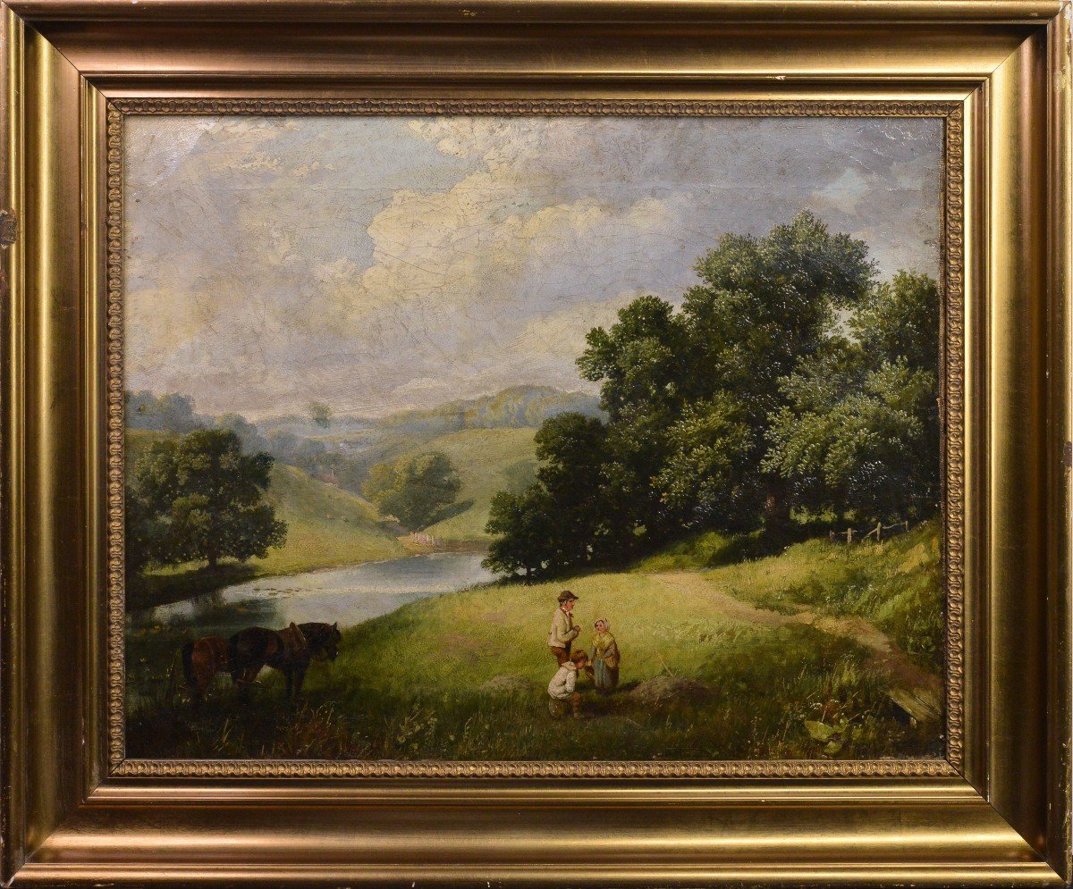 Paysage Fluvial Avec Personnages Et Chevaux Au Repos Peinture à L’huile Encadrée Du 19ème Siècl