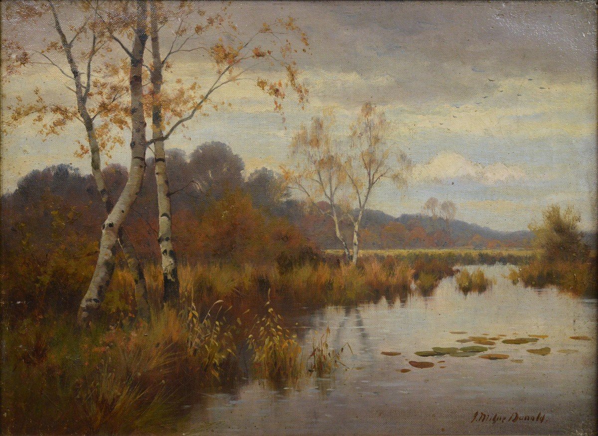 Autumn Lake Landscape Mid 19th Century Oil Painting By Listed Scottish Painter-photo-2