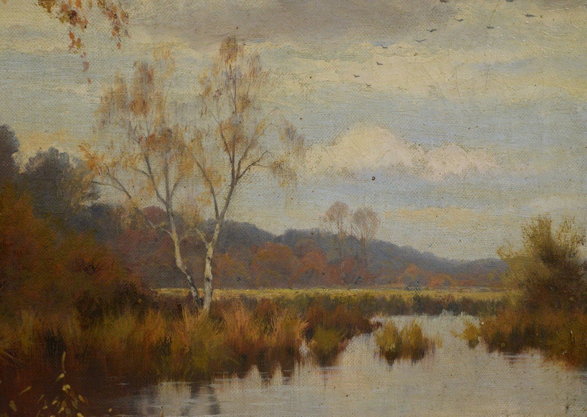 Peinture à l'Huile Du Milieu Du XIXe Siècle, Paysage Lacustre d'Automne, Par Un Peintre écossai-photo-4