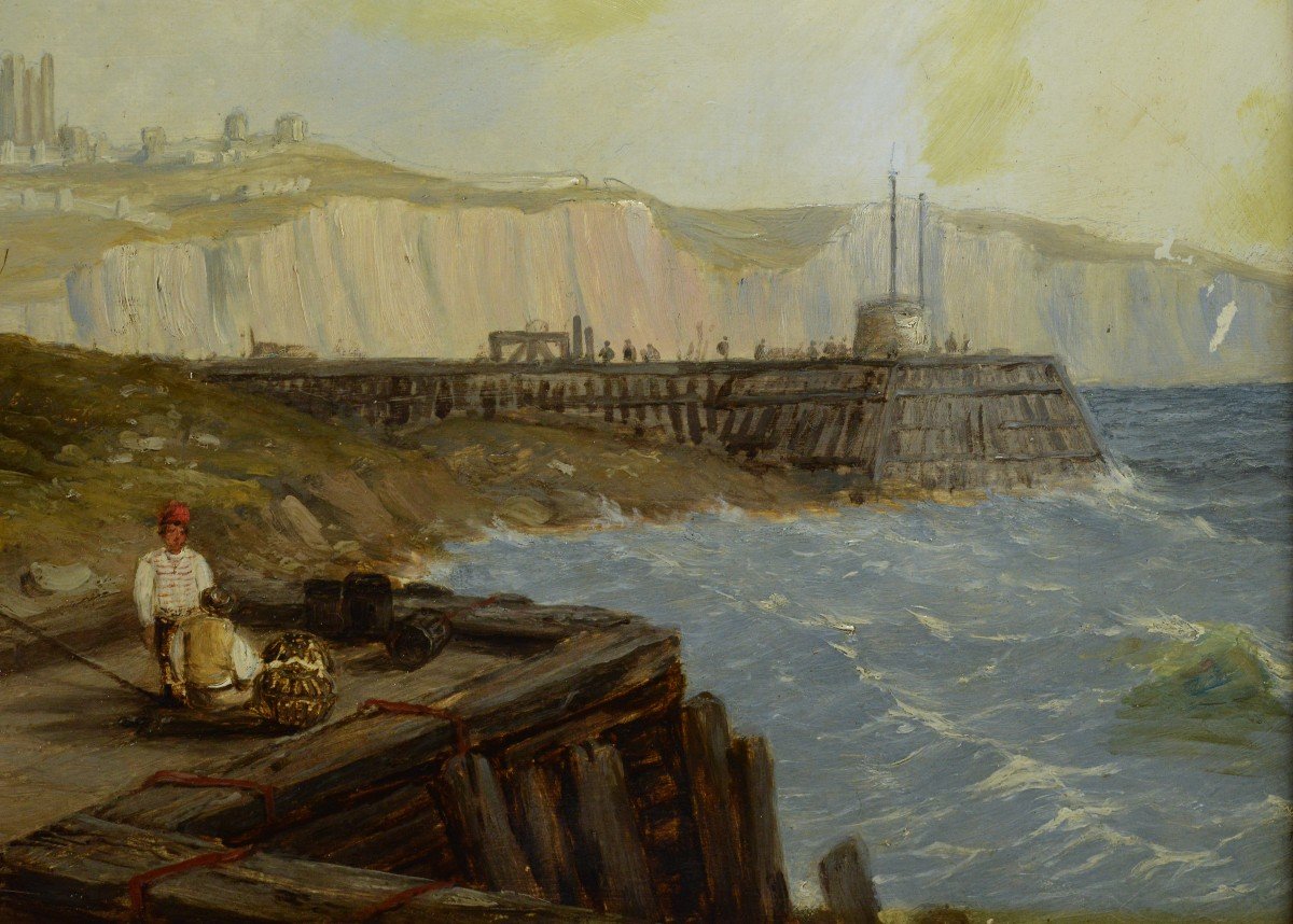 Paysage Marin Côtier Avec Personnages Sur Une Jetée Peinture Britannique Du XIXe Siècle Par W. -photo-4