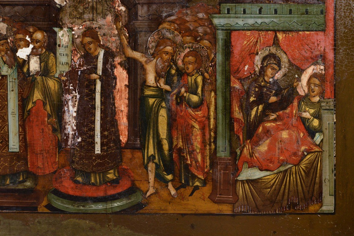 Icône Russe En Tempera De La Protection De La Vierge Marie Du XIXe Siècle-photo-1