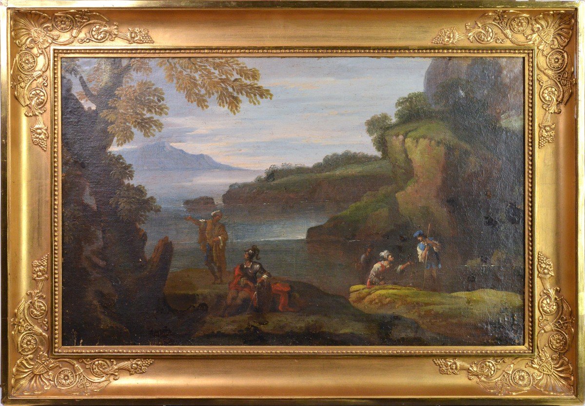 Warrior Figures Conversating In Capriccio Landscape 17-18 Century Oil Painting 