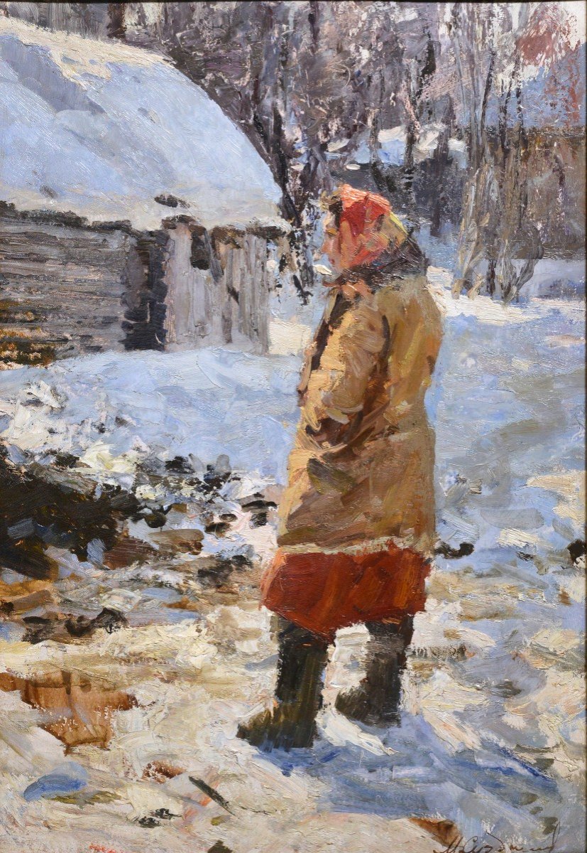 Winter Scene With Village Woman Ca 1950 Oil Painting By Russian Master Suzdaltsev-photo-2