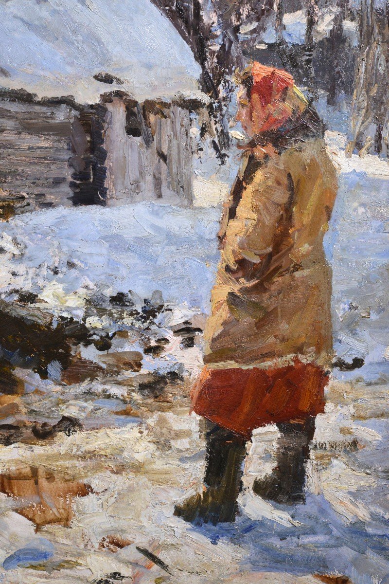 Winter Scene With Village Woman Ca 1950 Oil Painting By Russian Master Suzdaltsev-photo-3