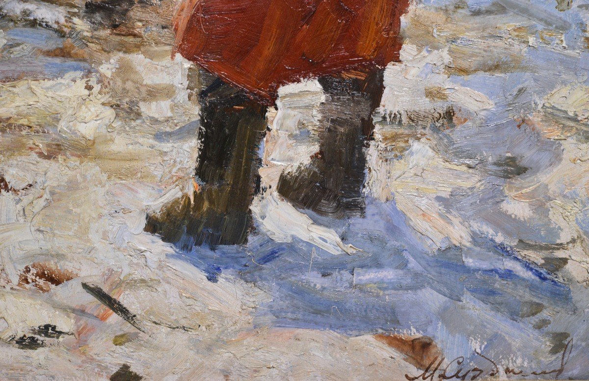 Winter Scene With Village Woman Ca 1950 Oil Painting By Russian Master Suzdaltsev-photo-3