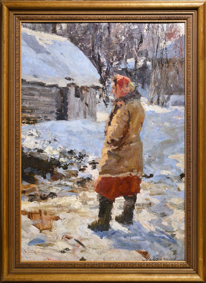 Winter Scene With Village Woman Ca 1950 Oil Painting By Russian Master Suzdaltsev