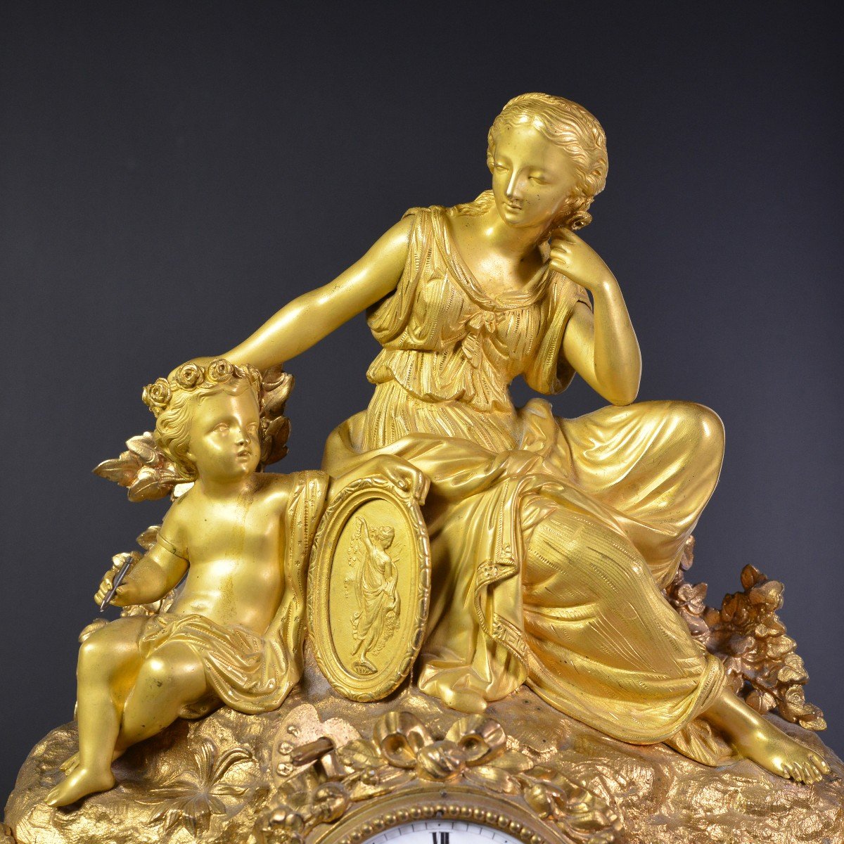 Big Louis XVI Antique Gilt Bronze Figural Clock 19th Century Muse With Cherub-photo-3