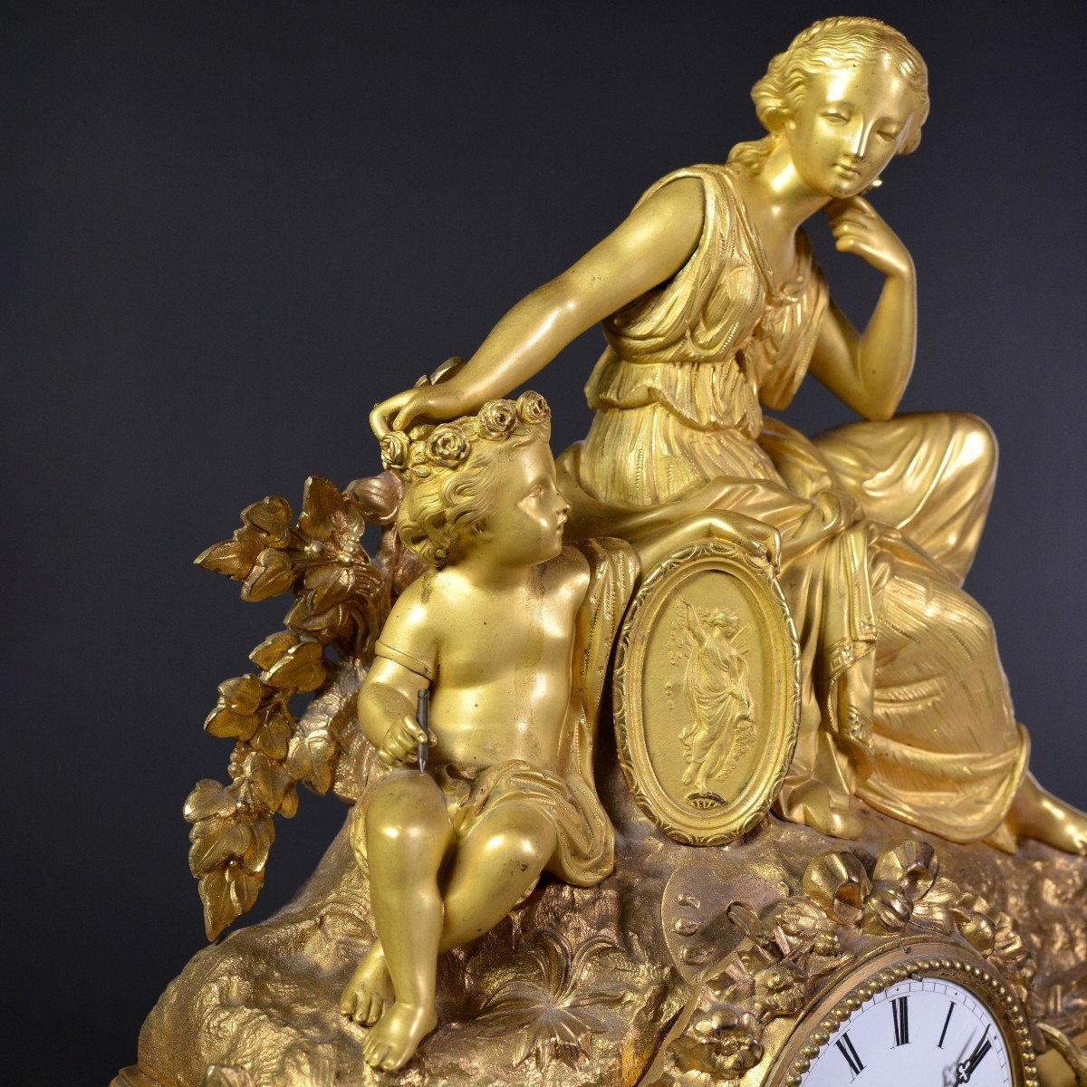 Big Louis XVI Antique Gilt Bronze Figural Clock 19th Century Muse With Cherub-photo-4