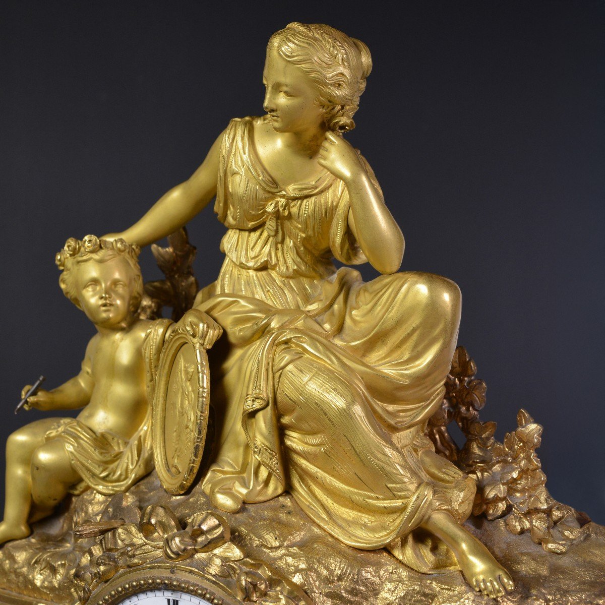 Big Louis XVI Antique Gilt Bronze Figural Clock 19th Century Muse With Cherub-photo-1