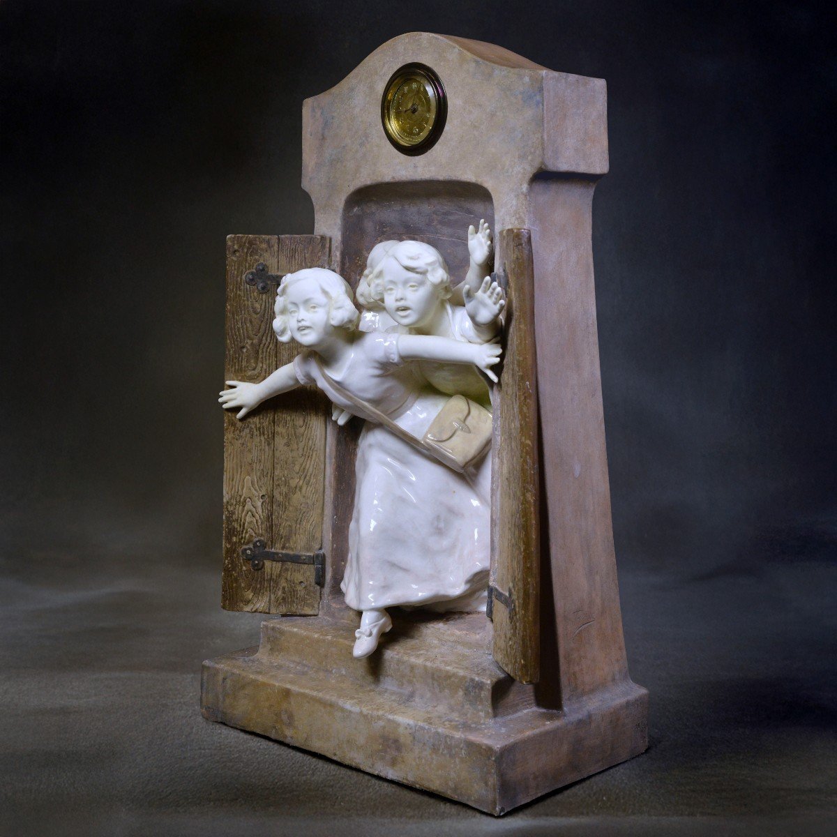 Antique Novelty Clock By Goldscheider And Rose Early 20th Century Schoolchildren-photo-4