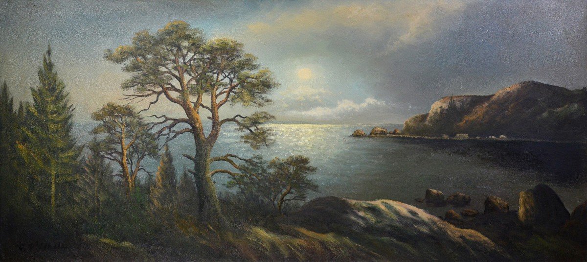 Paysage d'Archipel Au Clair De Lune Grande Peinture à l'Huile Panoramique Du Milieu Du XXe Sièc