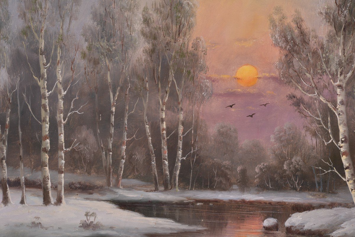 Pink Sunset In Winter Birch Forest Giant Landscape Early 20 сentury Oil Painting-photo-2