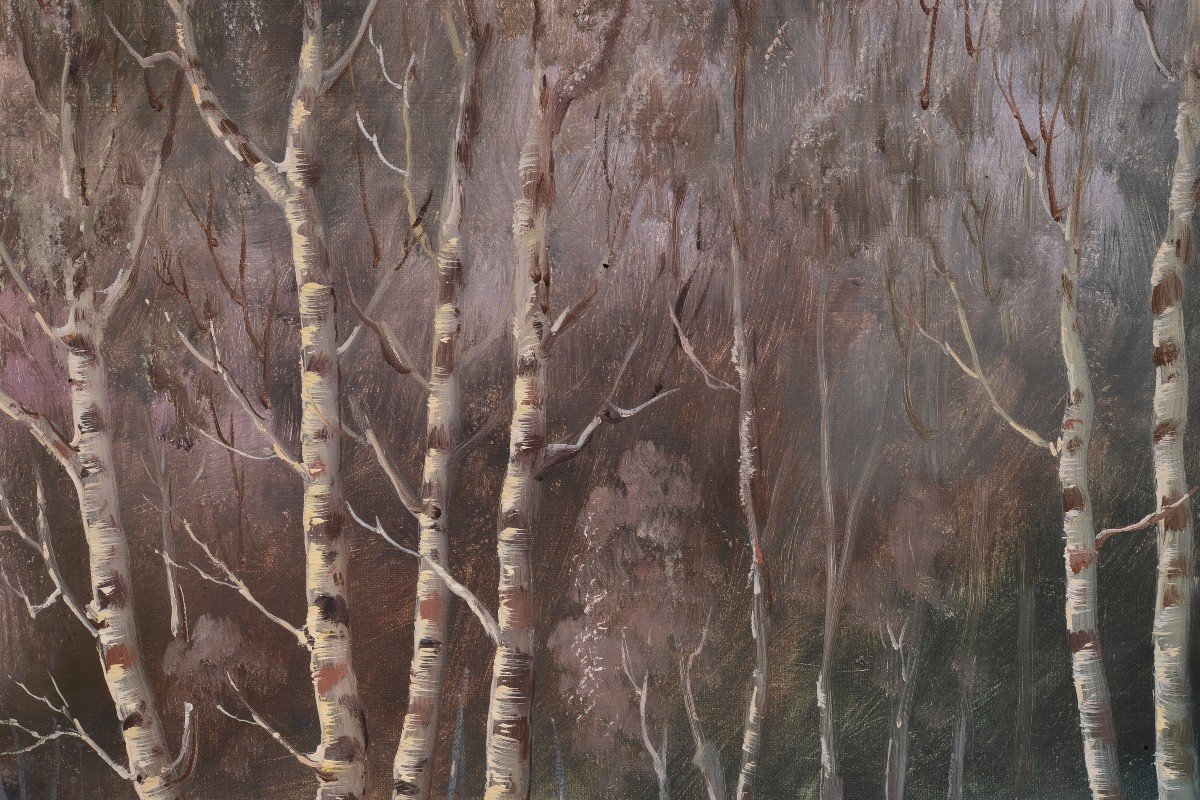 Pink Sunset In Winter Birch Forest Giant Landscape Early 20 сentury Oil Painting-photo-4