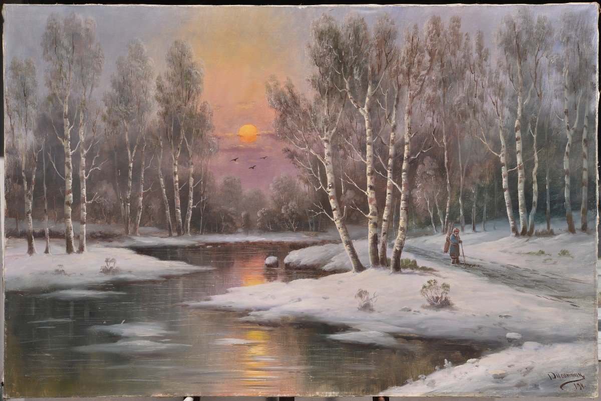 Pink Sunset In Winter Birch Forest Giant Landscape Early 20 сentury Oil Painting