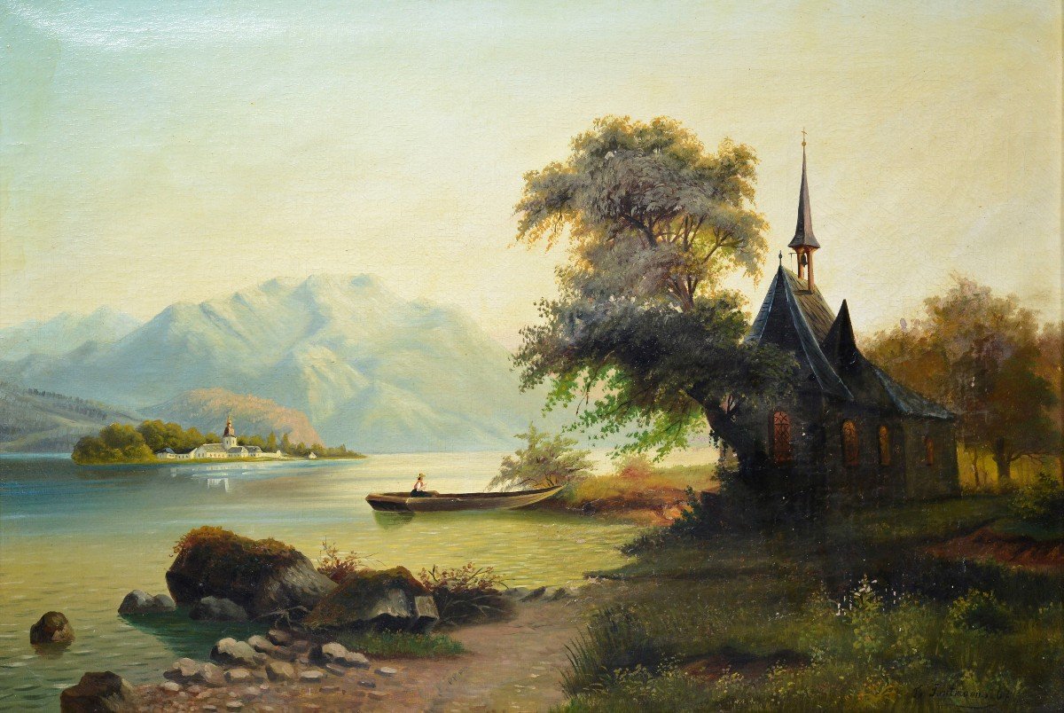 Paysage De La Vallée Du Rhin Avec Chapelle, 1867, Peinture à l'Huile Encadrée-photo-2