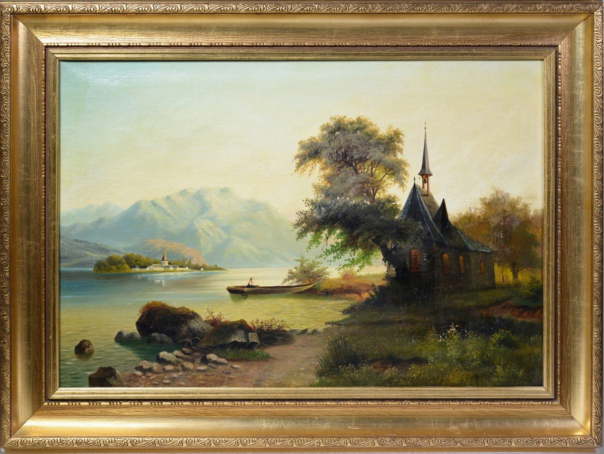 Paysage De La Vallée Du Rhin Avec Chapelle, 1867, Peinture à l'Huile Encadrée