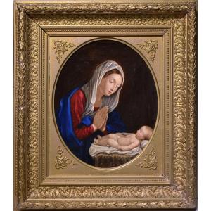 Religious Scene Madonna Bending And Praying Over Child 19th Century Oil Painting